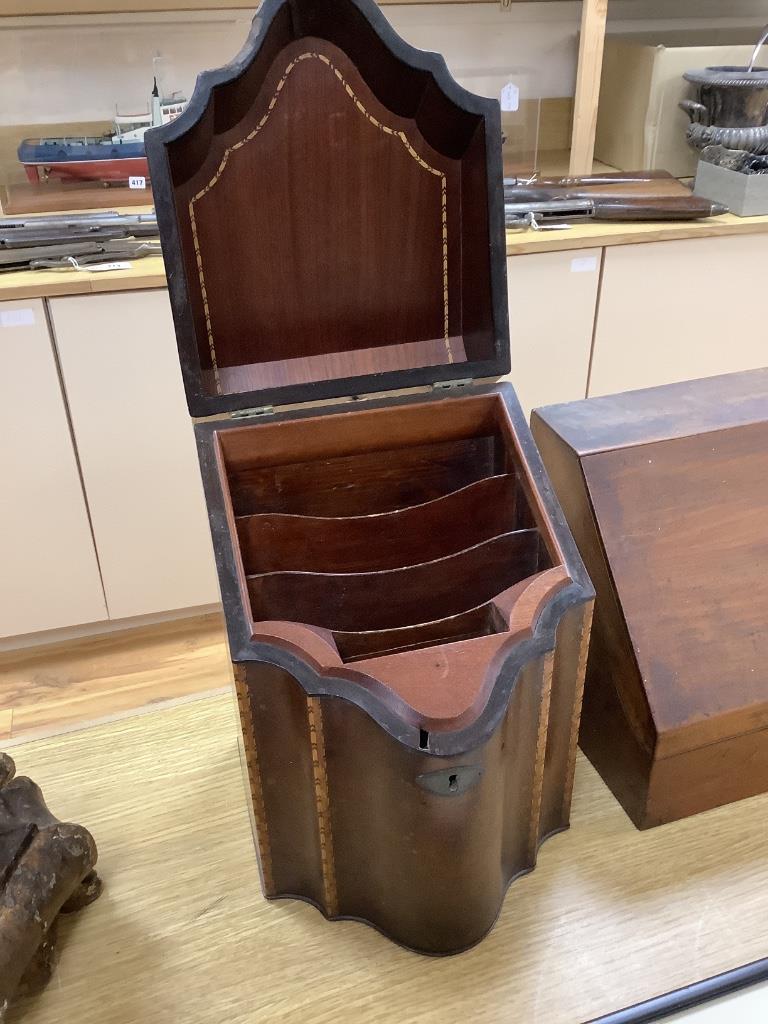 A Georgian knife box (converted to a stationery cabinet), a mahogany stationery box and a canteen of fish eaters